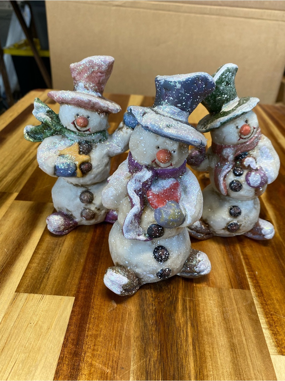 Set of 3 Ceramic Snowman Figurines Multicolor Holiday Christmas Freestanding